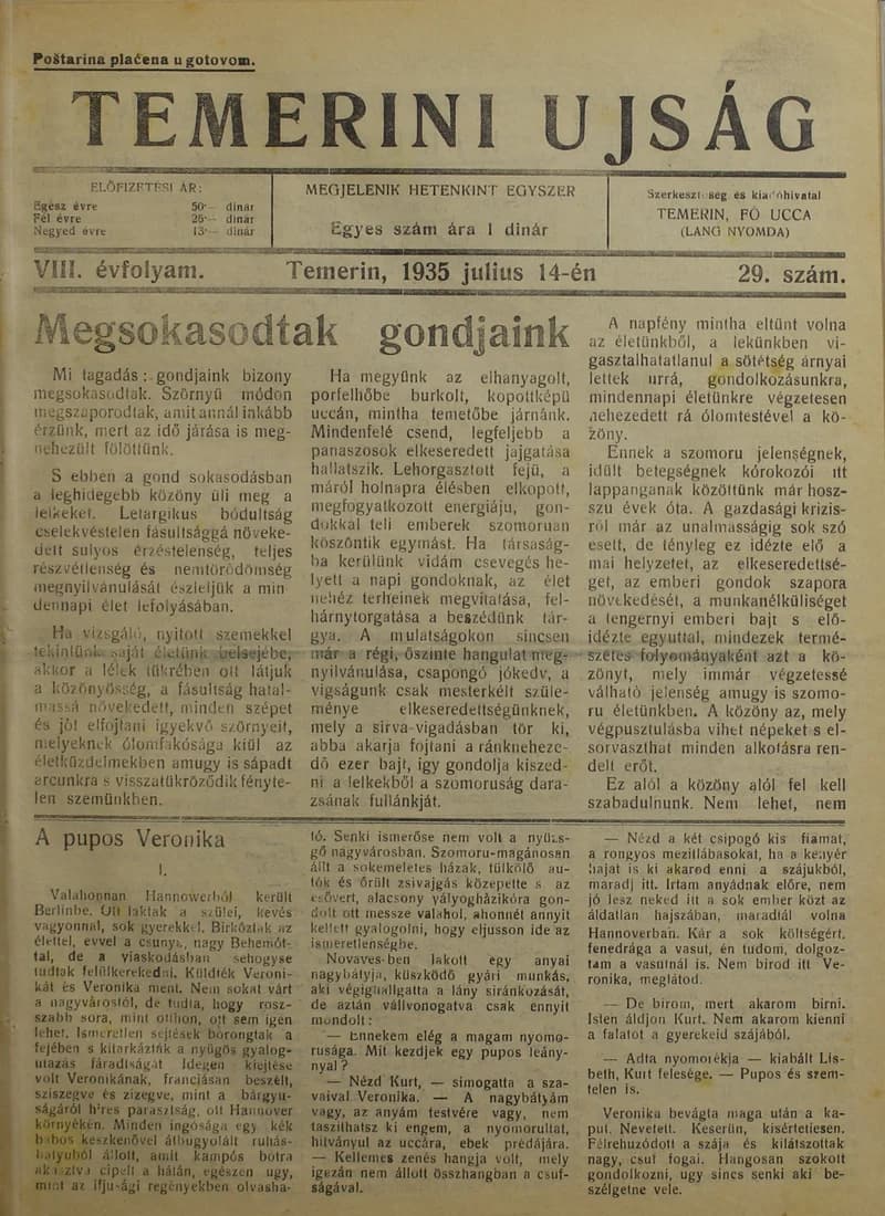 Temerini Újság 1928-1944, 8. évf. 1935. július 14. 29. sz.