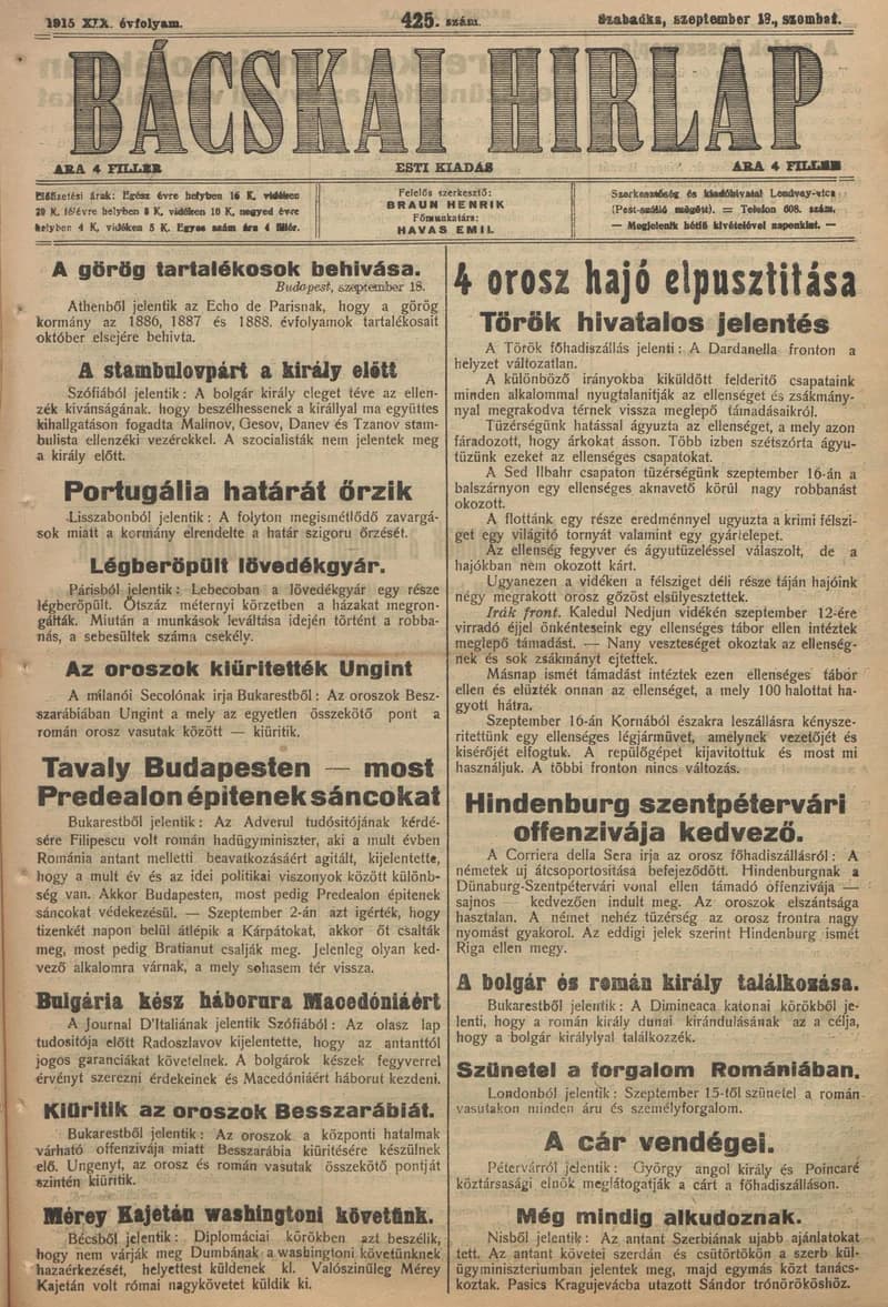Bácskai Hirlap, 19. évf. 1915. szeptember 18. 425. sz.