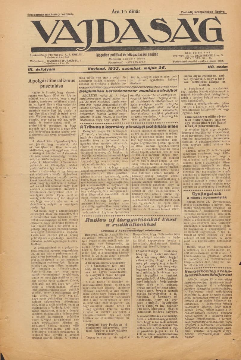 Vajdaság, 3. évf. 1923. május 26. 118. sz.