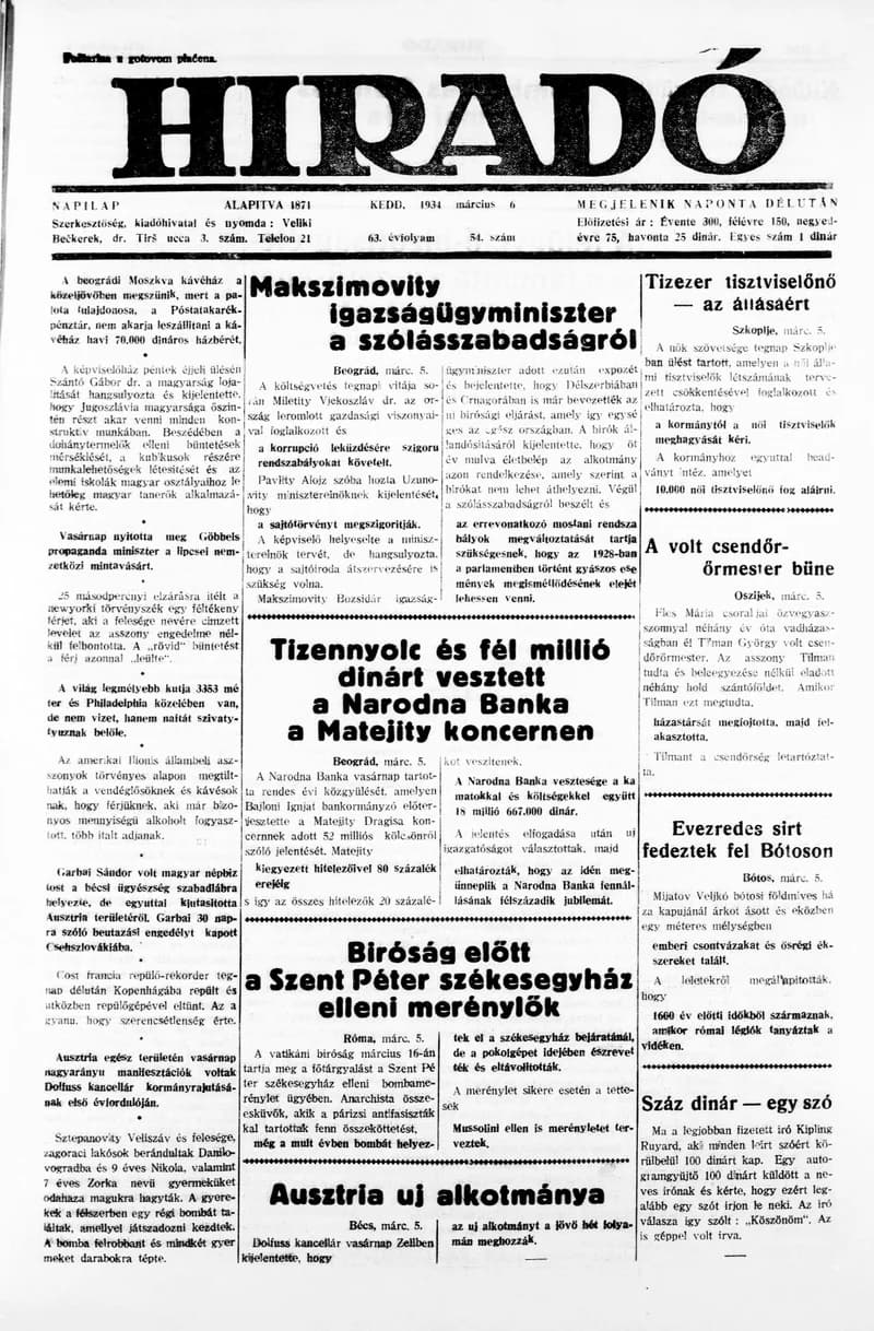 Híradó, 63. évf. 1934. március 6. 54. sz.