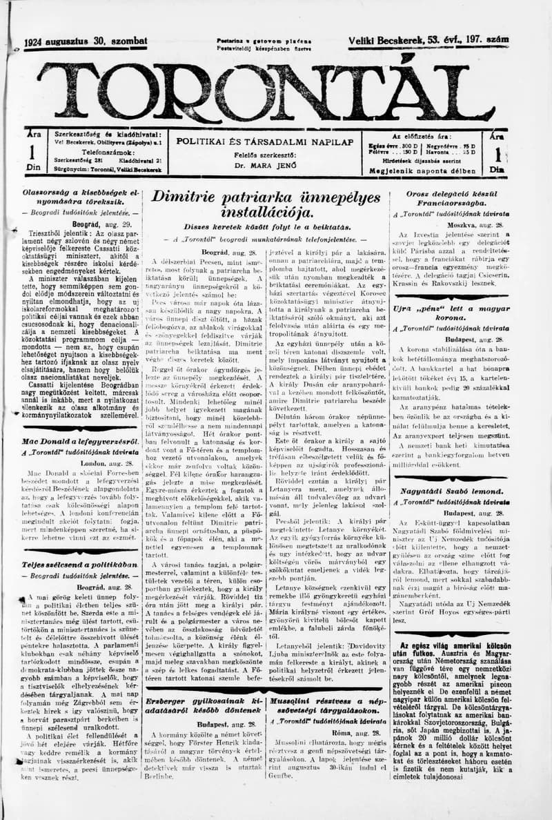 Torontál, 53. évf. 1924. augusztus 30. 197. sz.