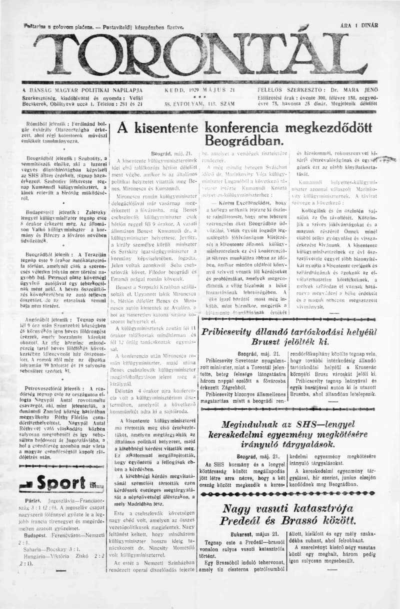 Torontál, 58. évf. 1929. május 21. 115. sz.