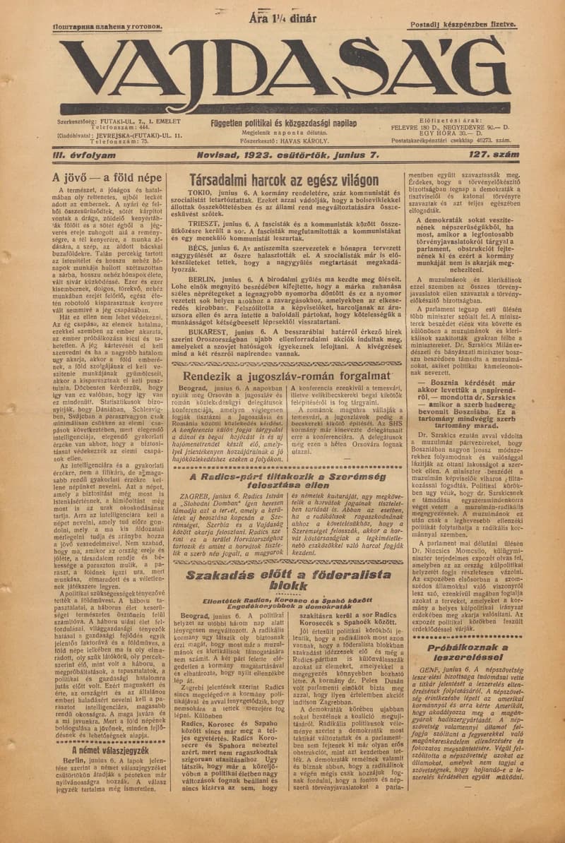 Vajdaság, 3. évf. 1923. június 7. 127. sz.
