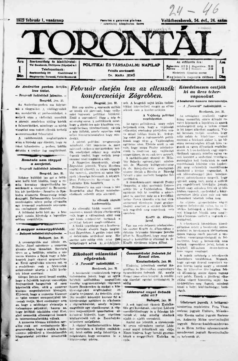 Torontál, 54. évf. 1925. február 1. 24. sz.