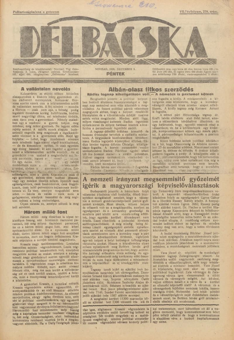 Délbácska, 7. évf. 1926. december 3. 279. sz.