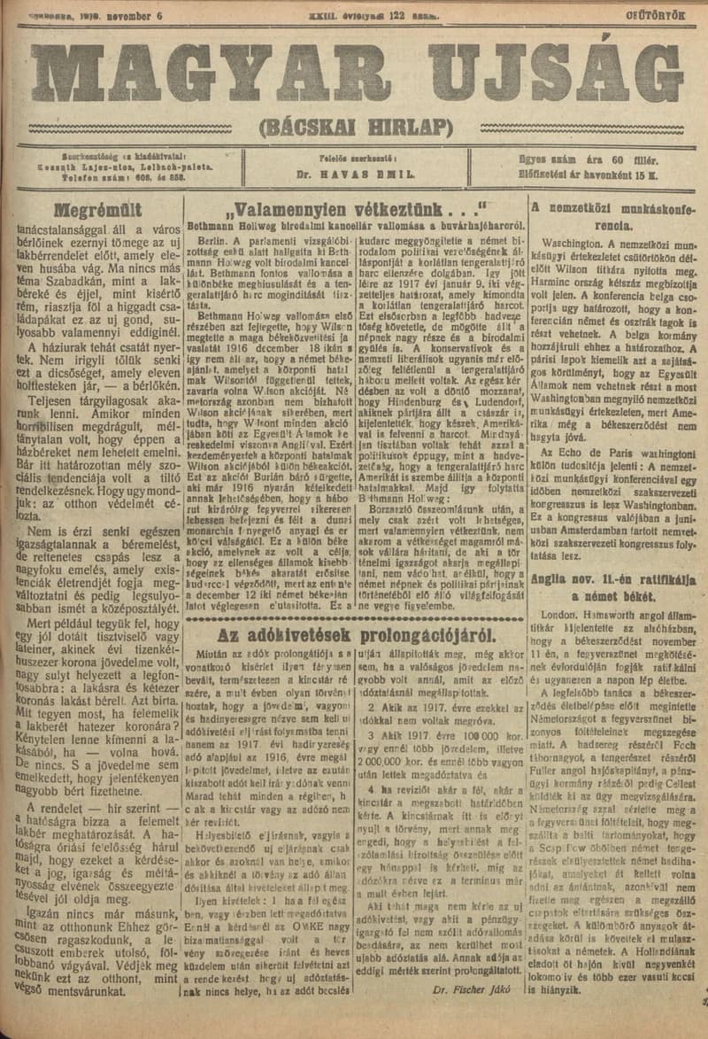Bácskai Hirlap, 23. évf. 1919. november 6. 122. sz.