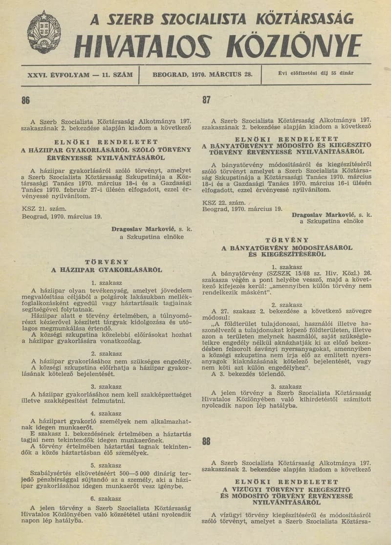 A Szerb Szocialista Köztársaság Hivatalos Közlönye, 26. évf. 1970. március 28. 11. sz. 293–294. oldal