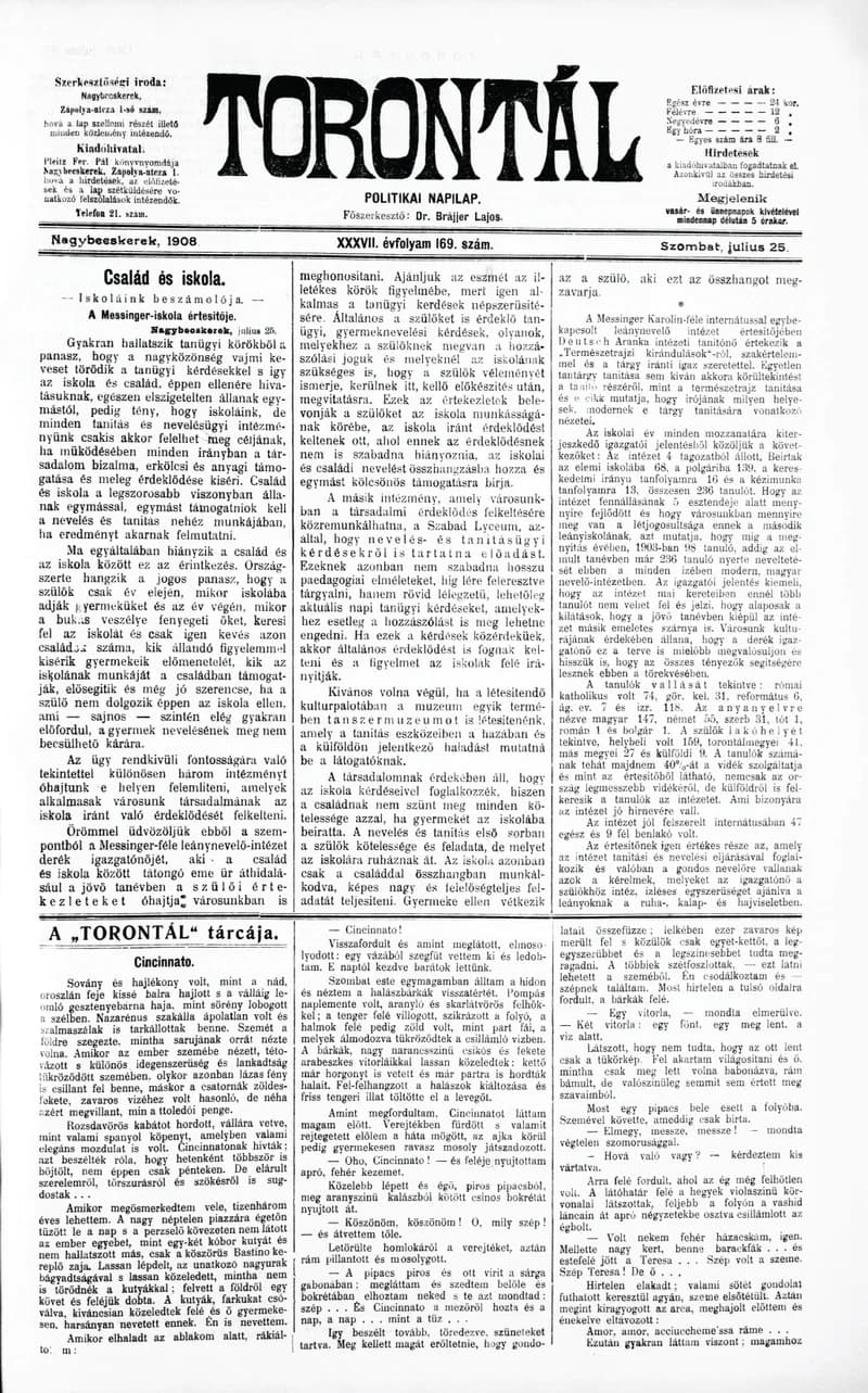 Torontál, 37. évf. 1908. július 25. 169. sz.