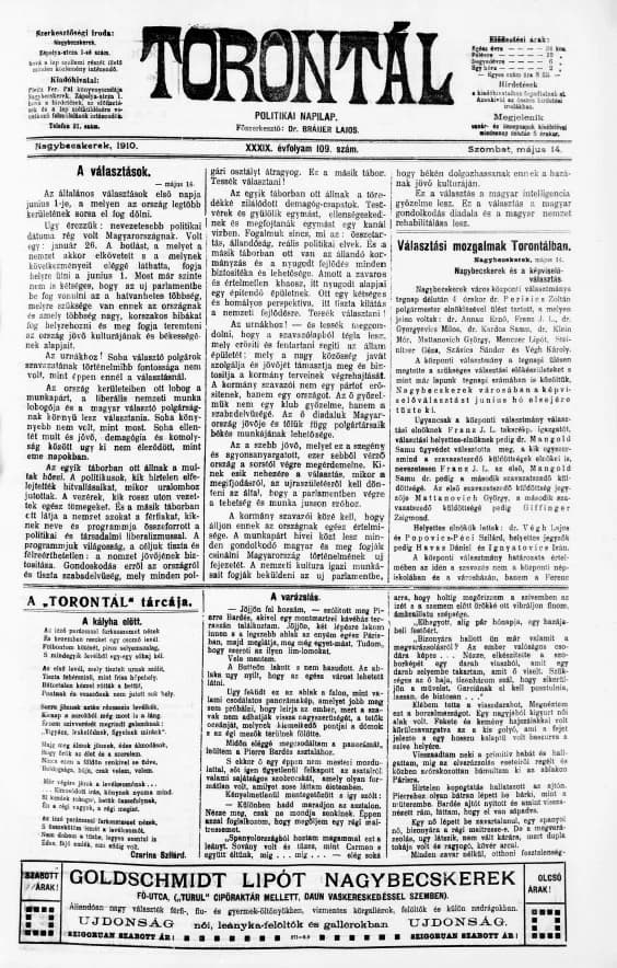 Torontál, 39. évf. 1910. május 14. 109. sz.