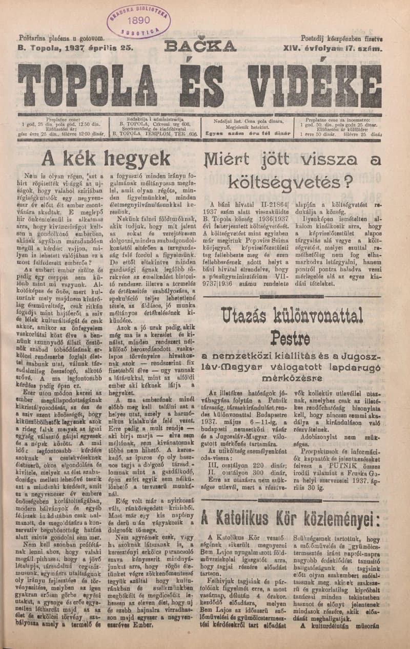 Bačka Topola és Vidéke, 14. évf. 1937. április 25. 17. sz.