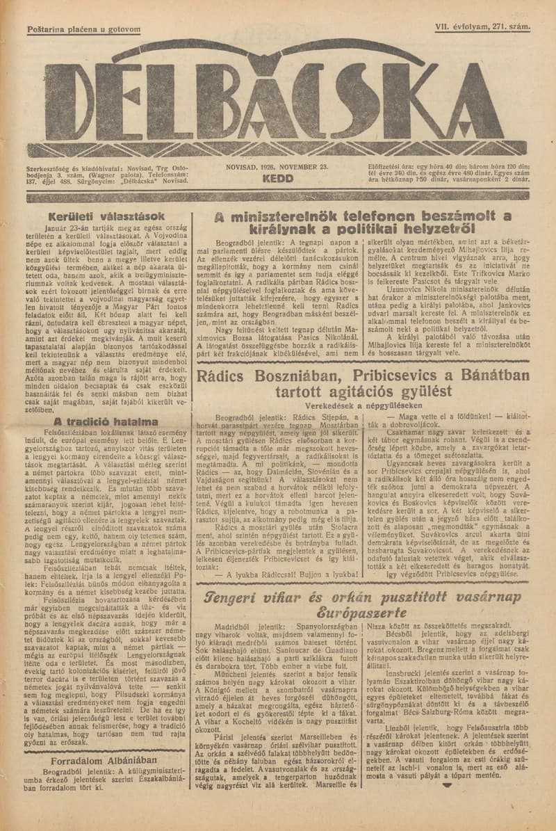 Délbácska, 7. évf. 1926. november 23. 271. sz.