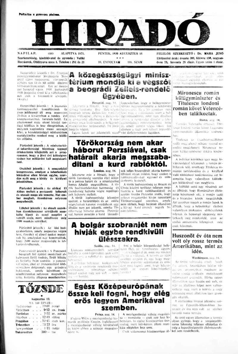 Híradó, 59. évf. 1930. augusztus 15. 188. sz.
