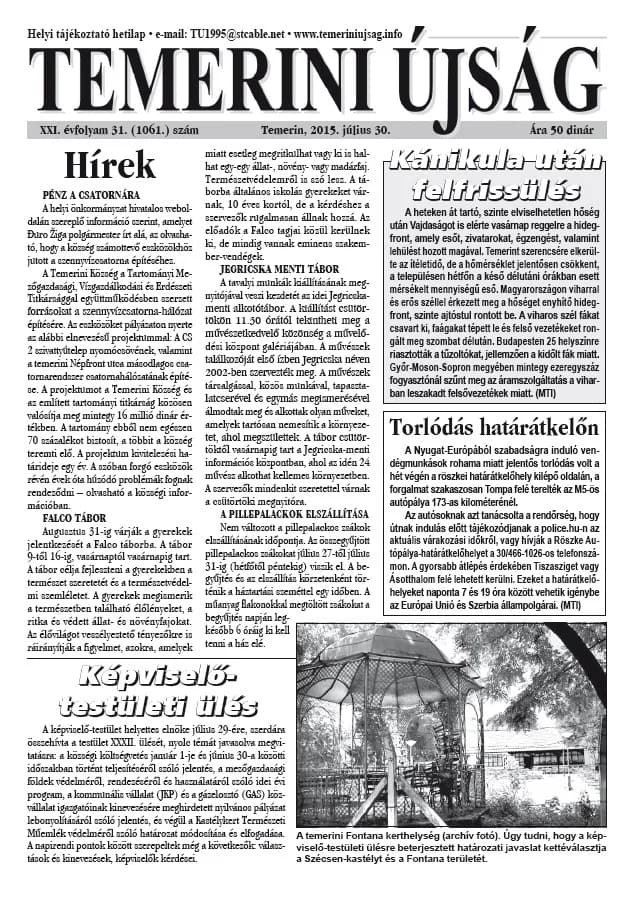 Temerini Újság, 21. évf. 2015. július 30. 31. sz.