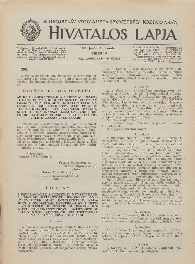 A Jugoszláv Szocialista Szövetségi Köztársaság Hivatalos Lapja, 40. évf. 1984. június 2. 29. sz. 803–806. oldal