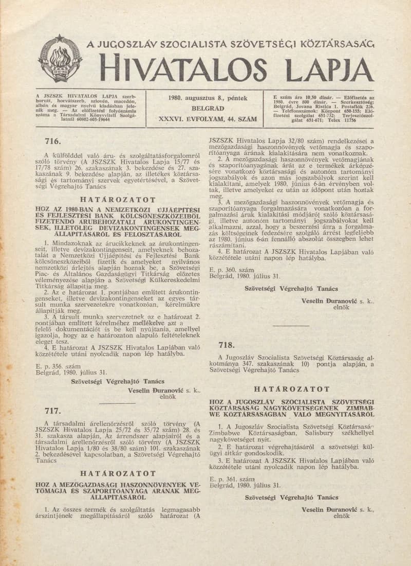 A Jugoszláv Szocialista Szövetségi Köztársaság Hivatalos Lapja, 36. évf. 1980. augusztus 8. 44. sz. 1453–1480. oldal