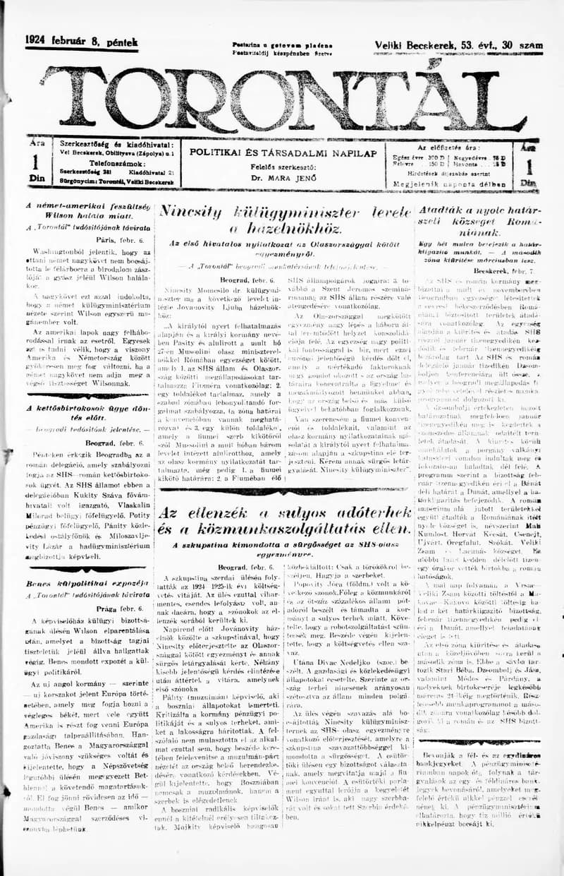 Torontál, 53. évf. 1924. február 8. 30. sz.
