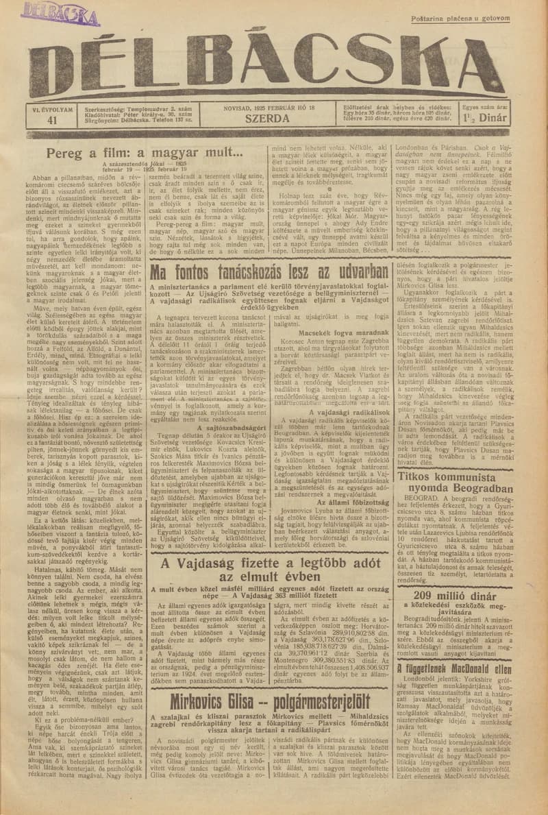 Délbácska, 6. évf. 1925. február 18. 41. sz.