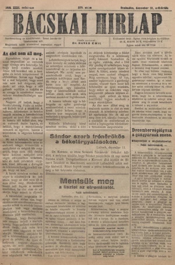 Bácskai Hirlap, 22. évf. 1918. december 12. 278. sz.