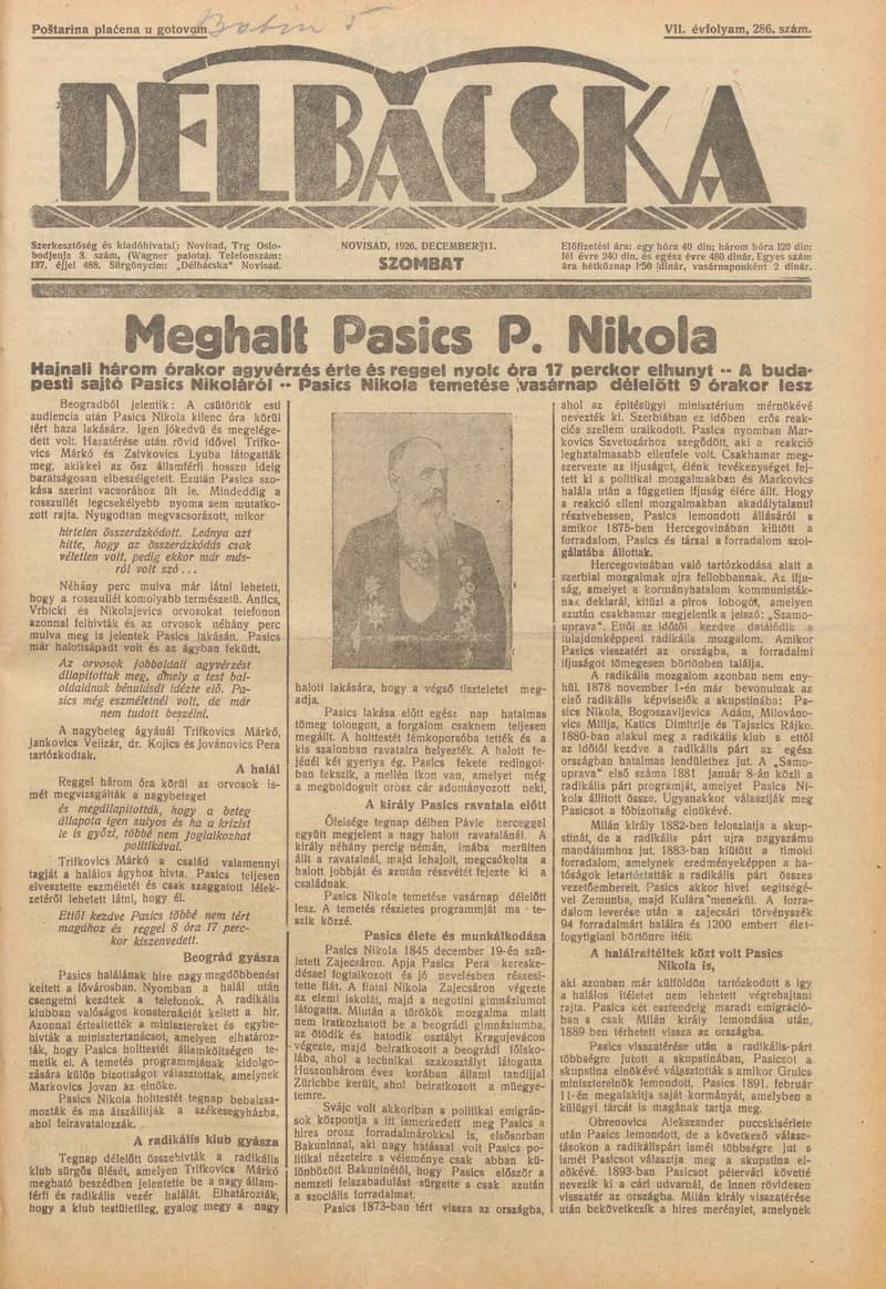 Délbácska, 7. évf. 1926. december 11. 286. sz.