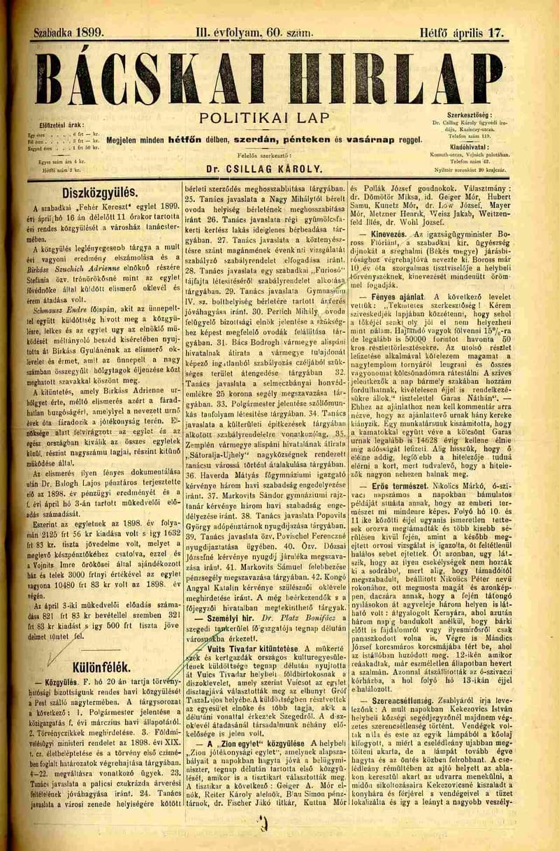 Bácskai Hirlap, 3. évf. 1899. április 17. 60. sz.