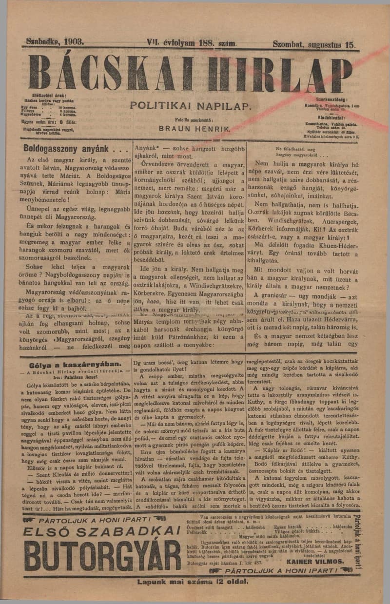 Bácskai Hirlap, 7. évf. 1903. augusztus 15. 188. sz.