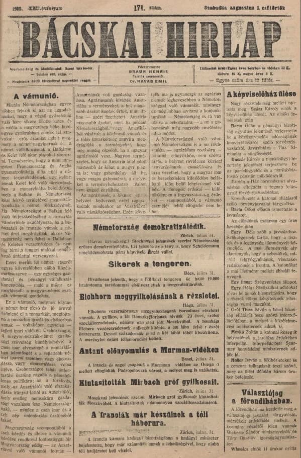 Bácskai Hirlap, 22. évf. 1918. augusztus 1. 171. sz.