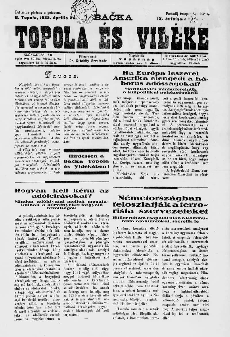 Bačka Topola és Vidéke, 9. évf. 1932. április 24. 17. sz.