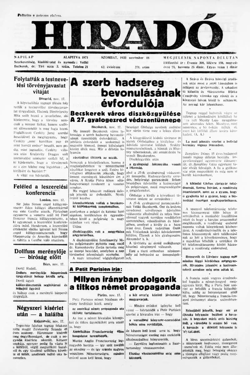 Híradó, 62. évf. 1933. november 18. 271. sz.