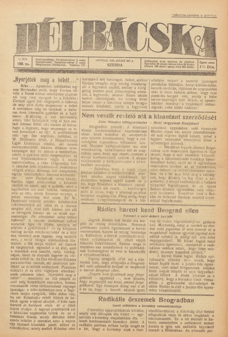 Délbácska, 4. évf. 1923. július 4. 150. sz.