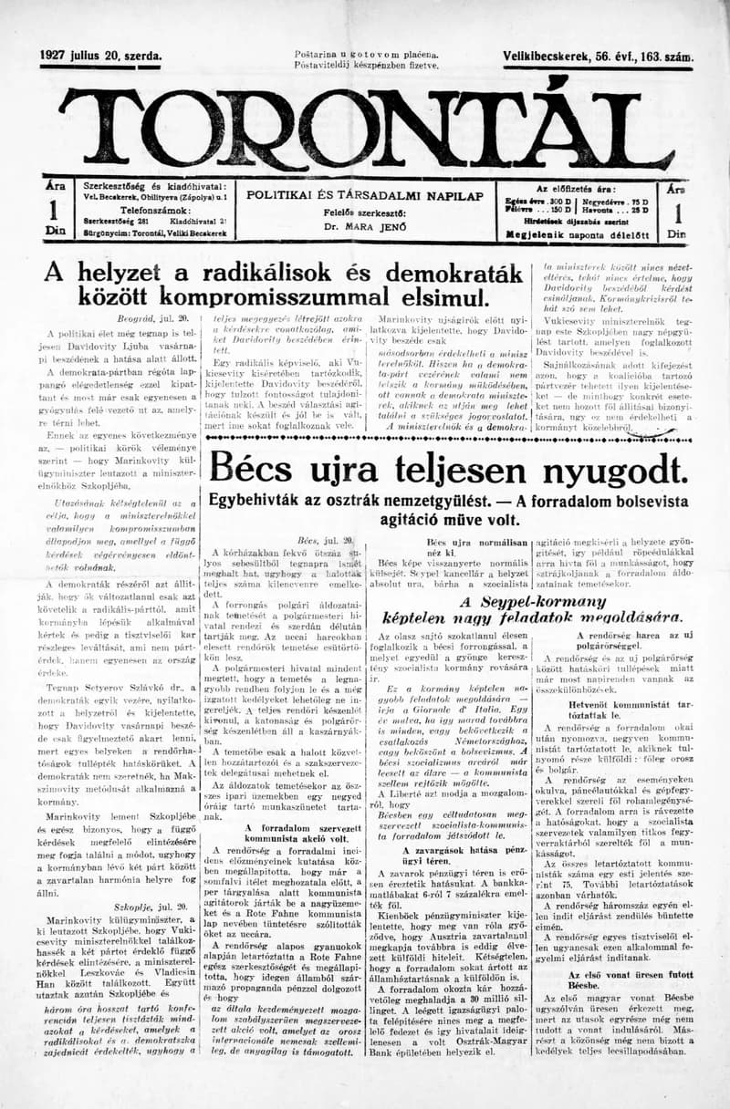 Torontál, 56. évf. 1927. július 20. 163. sz.