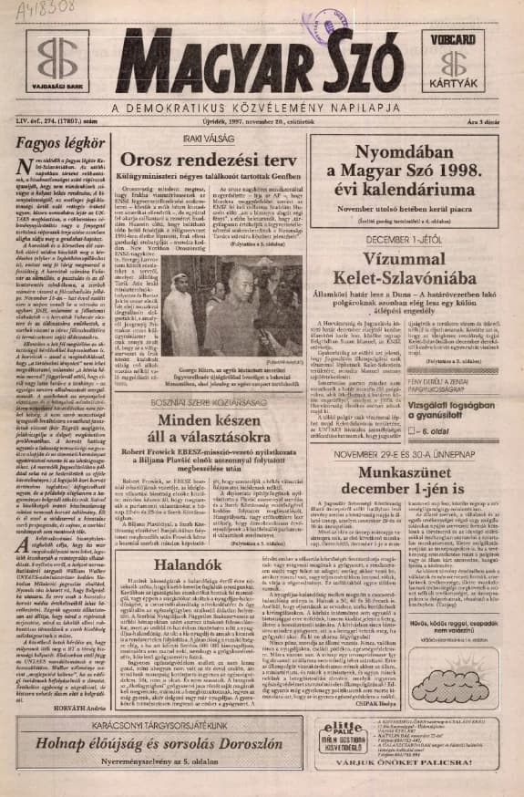 Magyar Szó, 54. évf. 1997. november 20. 274. sz. 1–16. oldal