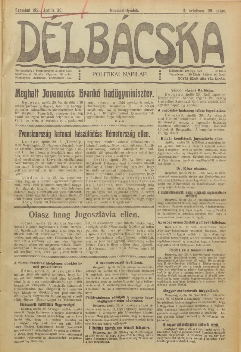 Délbácska, 2. évf. 1921. április 30. 99. sz.