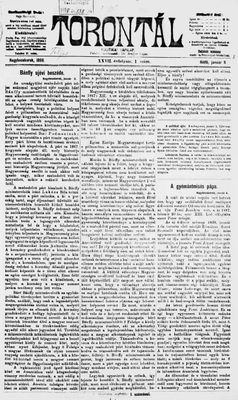 Torontál, 27. évf. 1898. január 3. 1. sz.