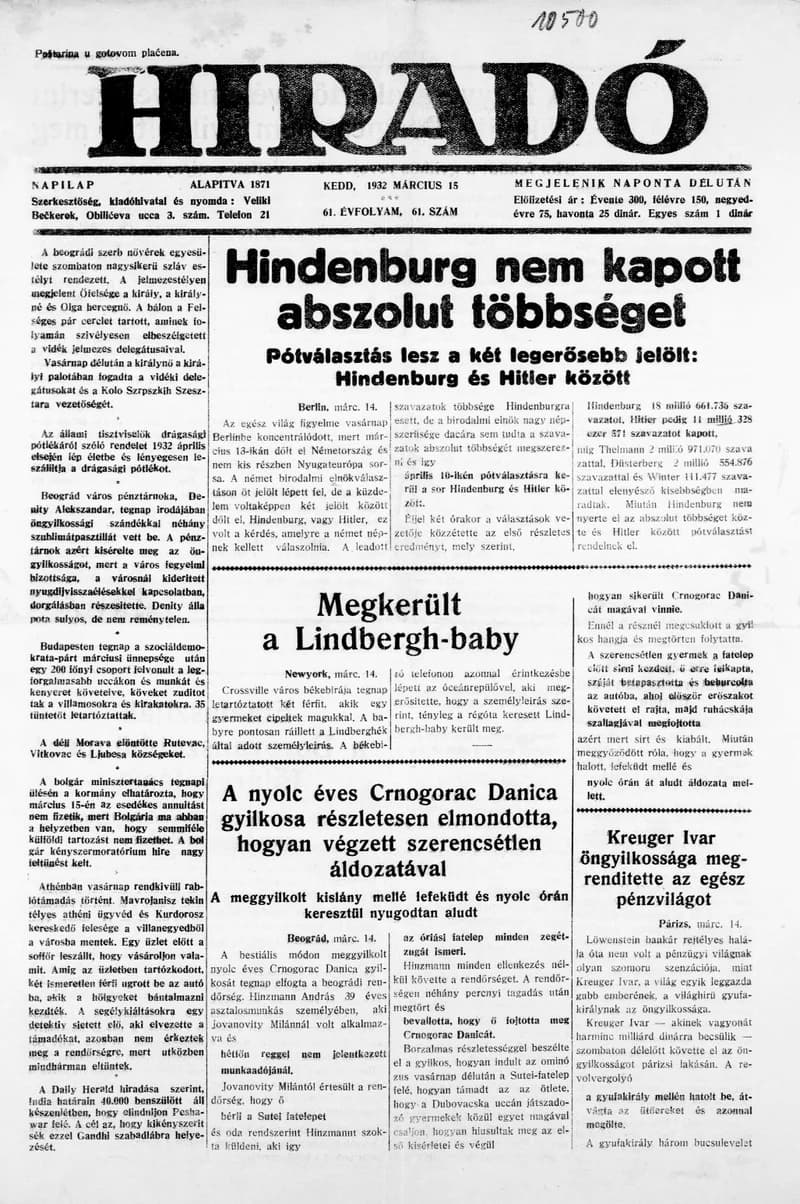 Híradó, 61. évf. 1932. március 15. 61. sz.