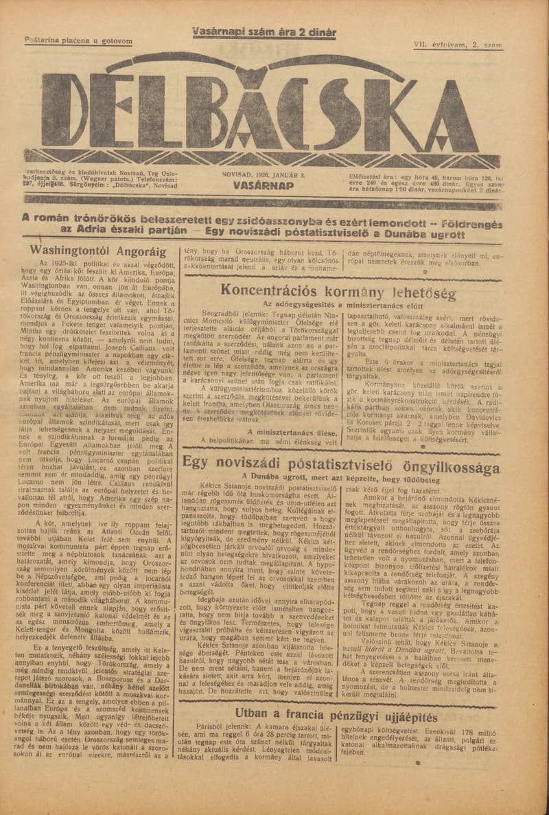 Délbácska, 7. évf. 1926. január 3. 2. sz.