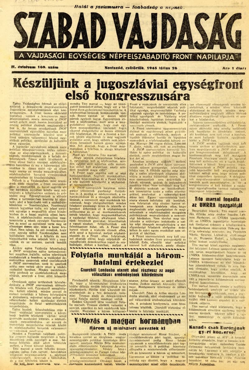 Szabad Vajdaság, 2. évf. 1945. július 26. 169. sz.