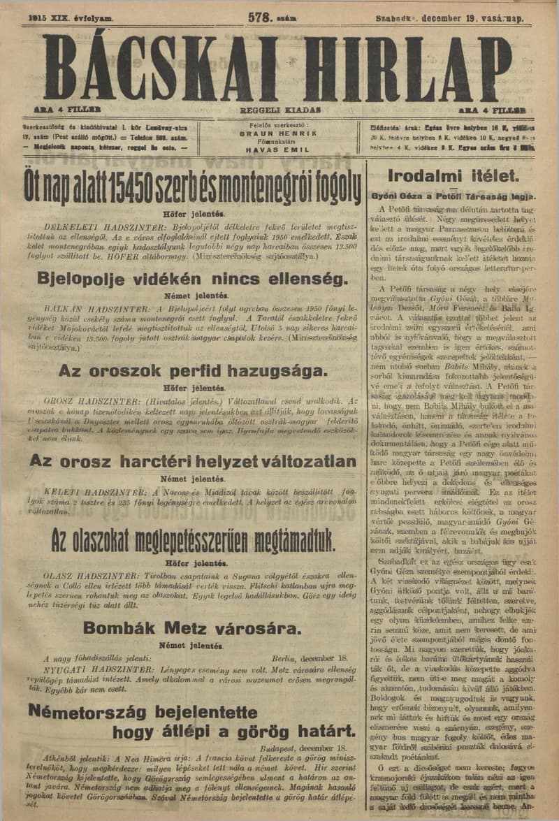 Bácskai Hirlap, 19. évf. 1915. december 19. 578. sz.