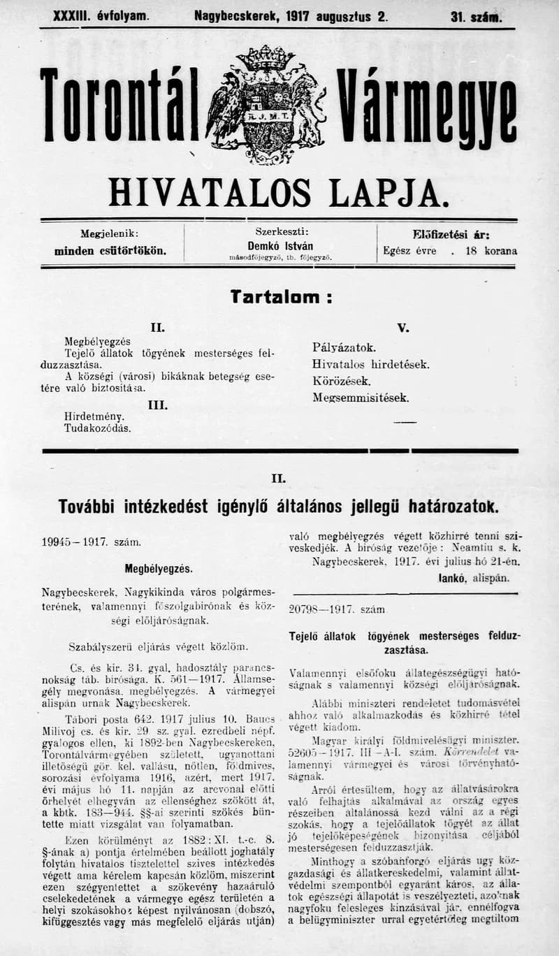 Torontál Vármegye Hivatalos Lapja, 33. évf. 1917. augusztus 2. 31. sz.