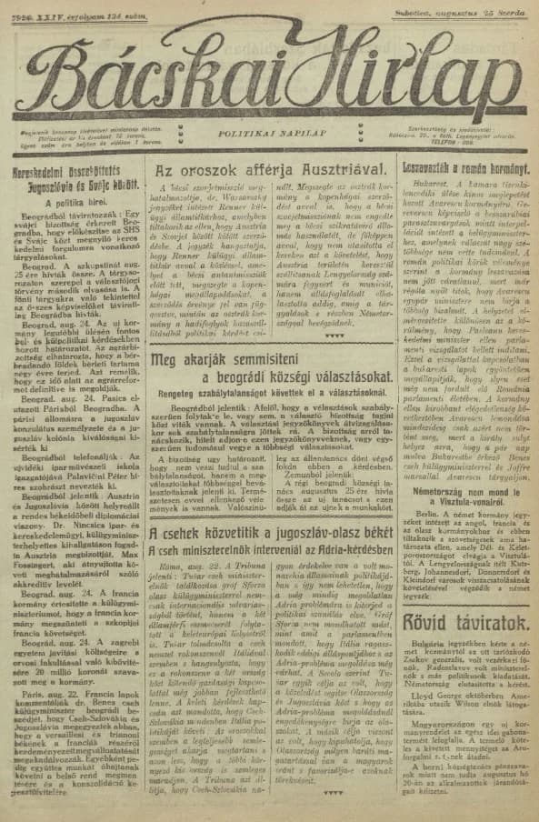 Bácskai Hirlap, 24. évf. 1920. augusztus 25. 134. sz.