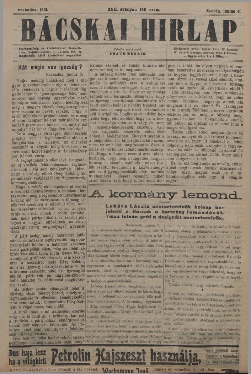 Bácskai Hirlap, 17. évf. 1913. június 4. 126. sz.