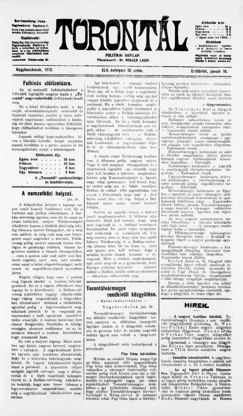 Torontál, 42. évf. 1913. január 16. 12. sz.