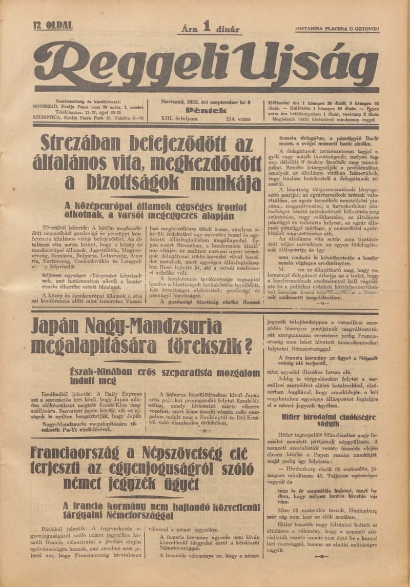 Reggeli Újság, 13. évf. 1932. szeptember 9. 214. sz.