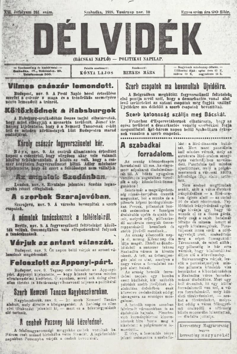Délvidék, 12. évf. 1918. november 10. 261. sz.