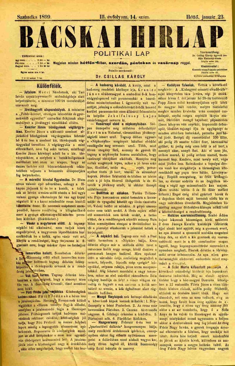 Bácskai Hirlap, 3. évf. 1899. január 23. 14. sz.