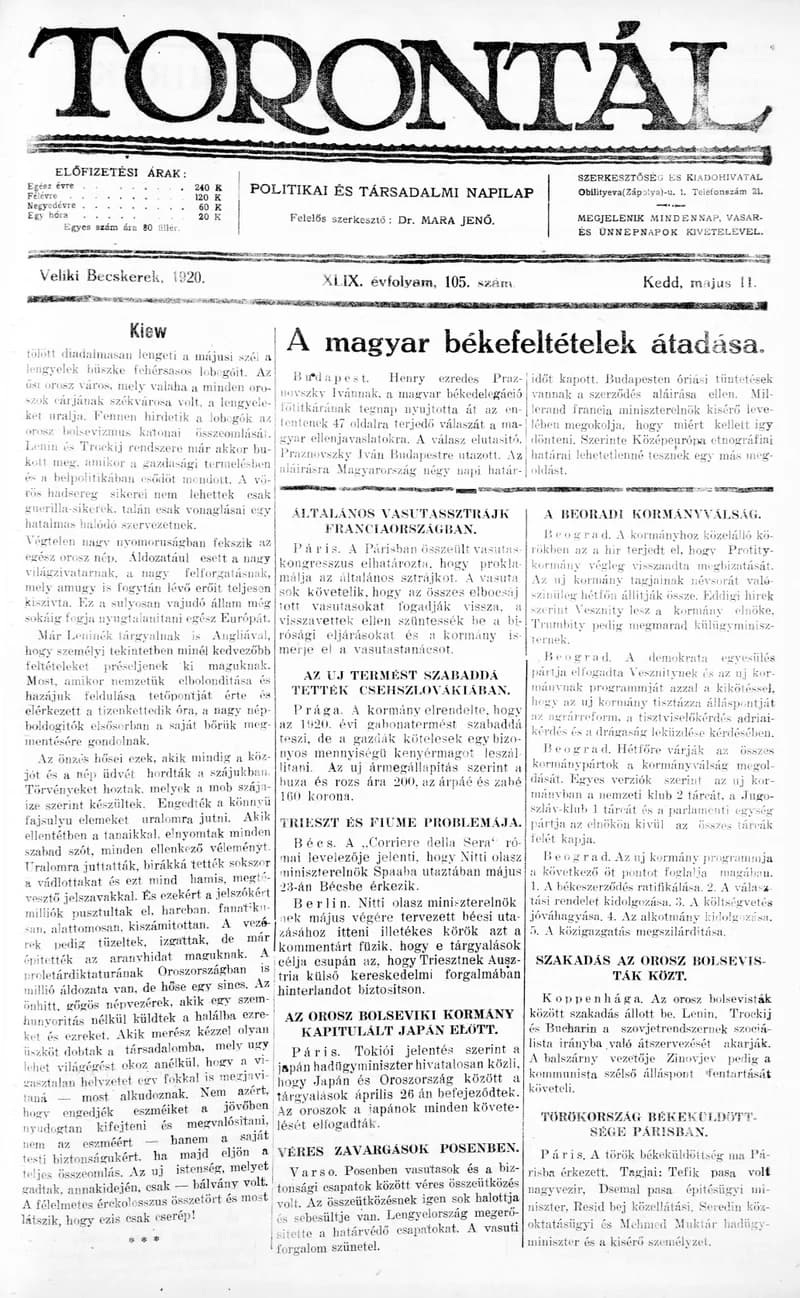 Torontál, 49. évf. 1920. május 11. 105. sz.