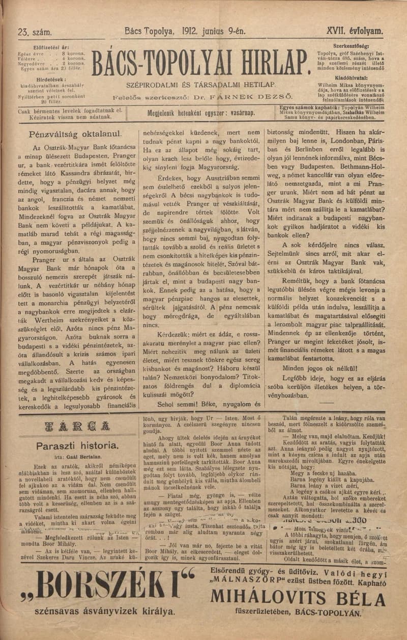 Bács-Topolyai Hirlap, 17. évf. 1912. június 9. 23. sz.