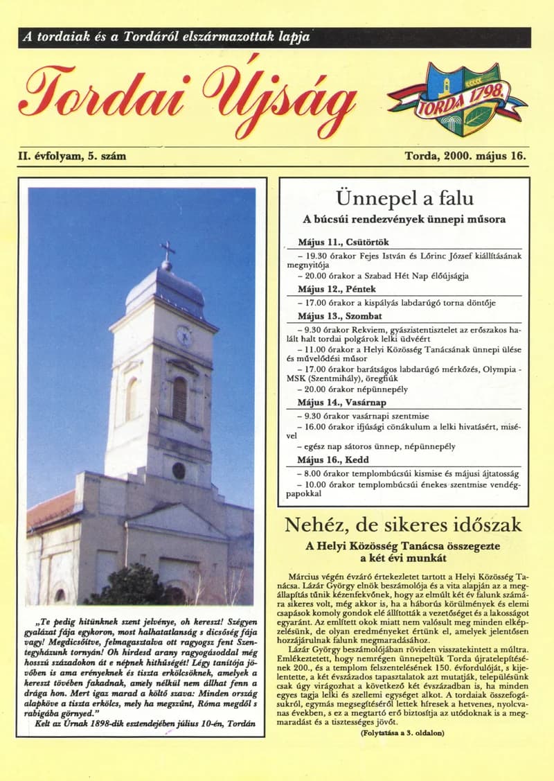 Tordai Újság, 3. évf. 2000. május 16. 2. sz. 1–20. oldal