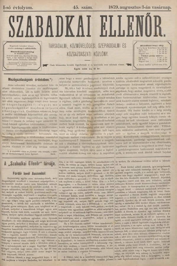 Szabadkai Ellenőr, 1. évf. 1879. augusztus 3. 45. sz.