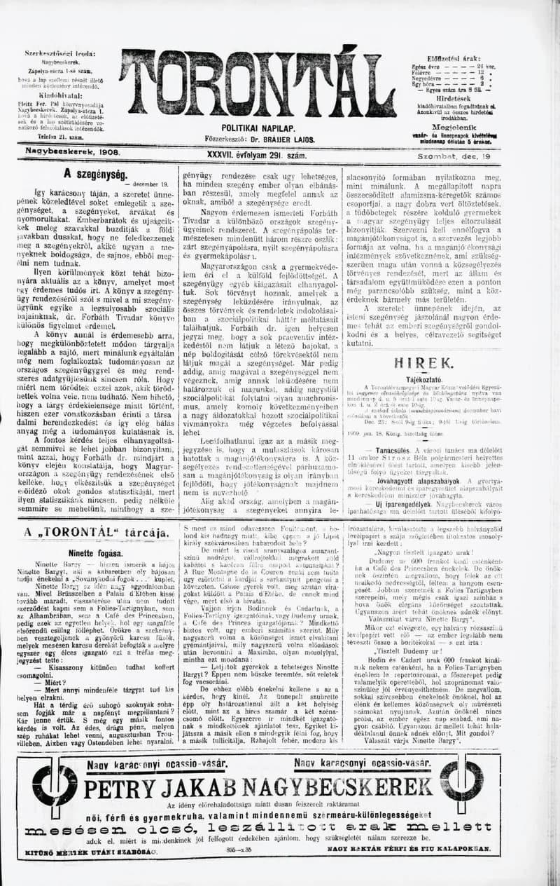 Torontál, 37. évf. 1908. december 19. 291. sz.