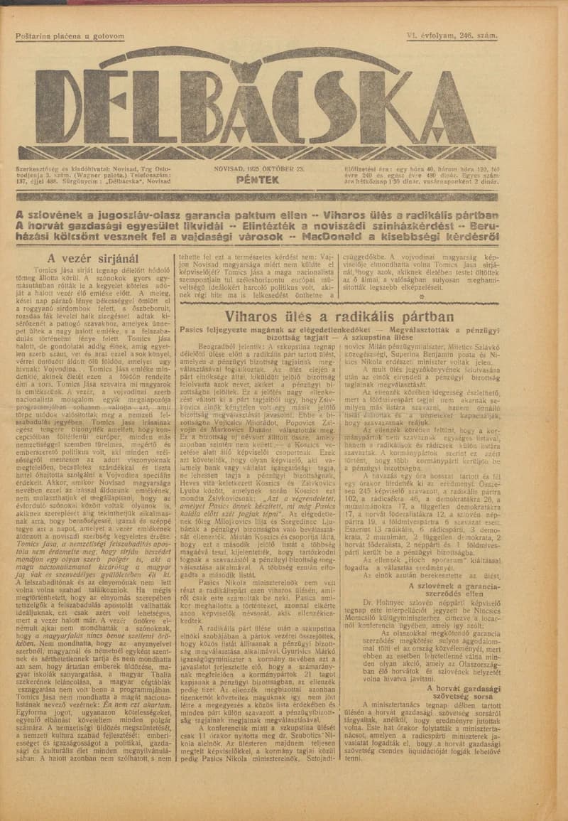 Délbácska, 6. évf. 1925. október 23. 246. sz.